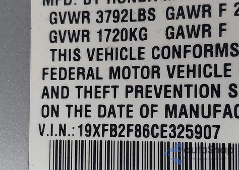 2012 Honda Civic Ex from USA, damaged, VIN 19XFB2F86CE325907